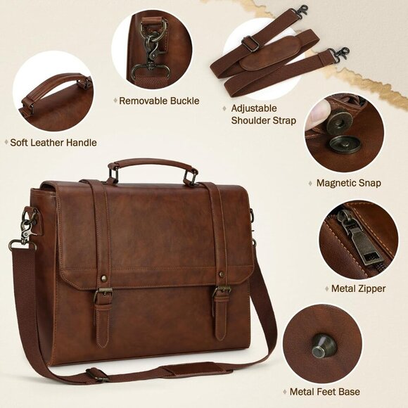 🆕 Men Brown Vintage Leather Laptop Computer Retro Work Business Shoulder Bag - Picture 4 of 6